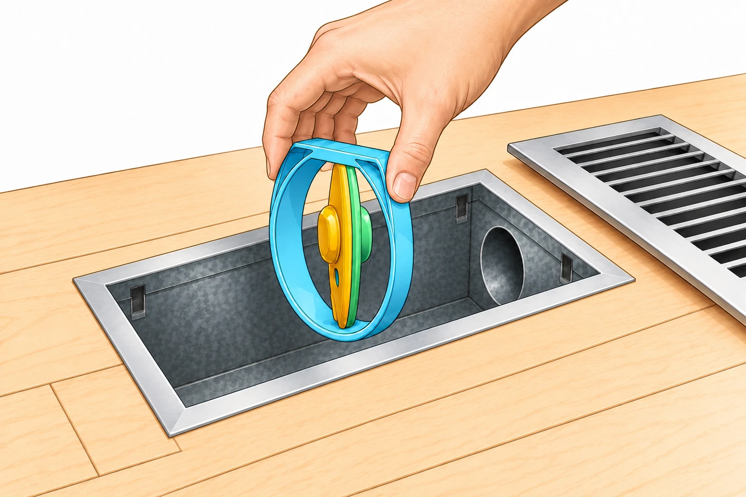 An assembled SmartDuck being positioned through a floor vent opening