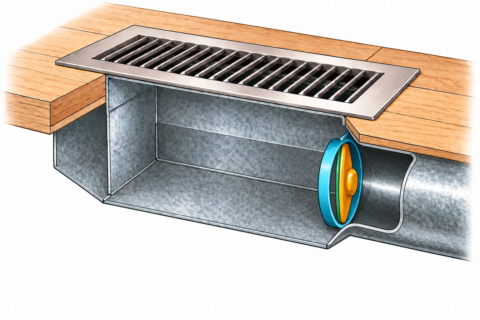 Surrounding vent and duct cutaway showing the intact SmartDuck seated in the pipe throat